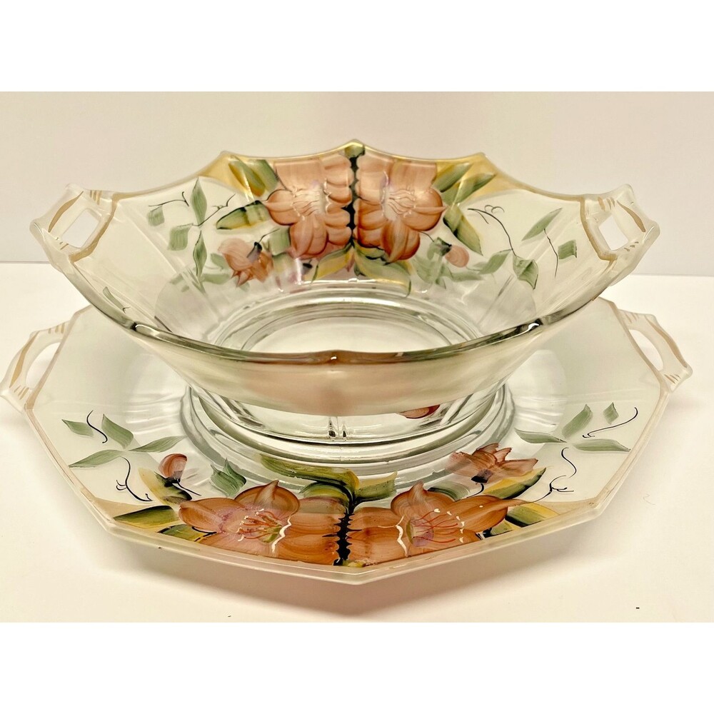 Vintage Hand Painted Glass Bowl & Underplate Peach Flowers Cutout Handles-EXCL